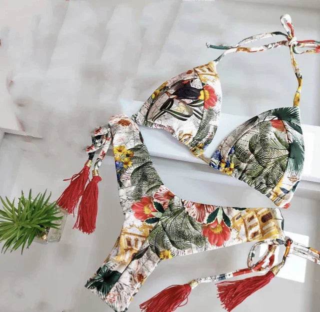 Sexy Floral Print Bikinis Striped Patchwork Swimsuit - Women's Bandage Bikini Set Swimwear Brazilian Beachwear - Stylemein