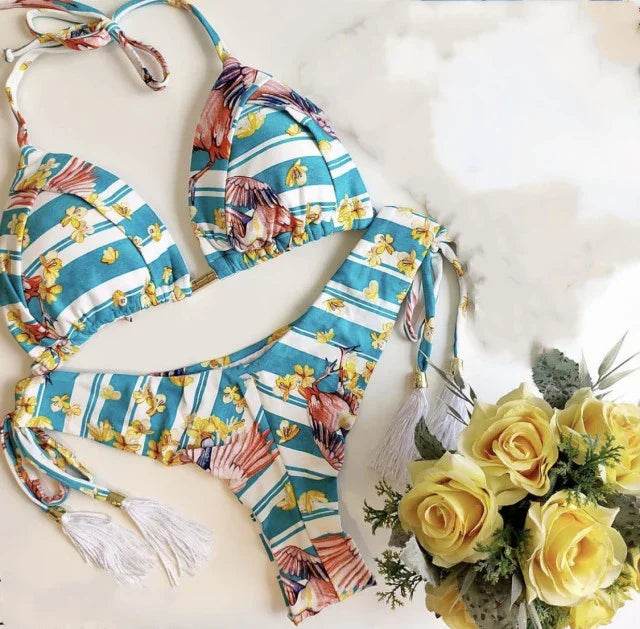 Sexy Floral Print Bikinis Striped Patchwork Swimsuit - Women's Bandage Bikini Set Swimwear Brazilian Beachwear - Stylemein