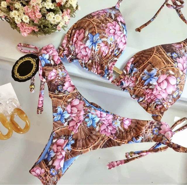 Sexy Floral Print Bikinis Striped Patchwork Swimsuit - Women's Bandage Bikini Set Swimwear Brazilian Beachwear - Stylemein