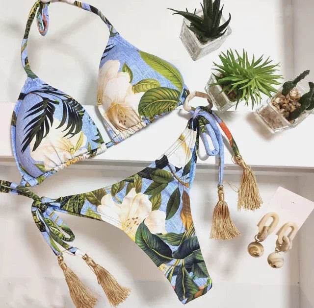 Sexy Floral Print Bikinis Striped Patchwork Swimsuit - Women's Bandage Bikini Set Swimwear Brazilian Beachwear - Stylemein