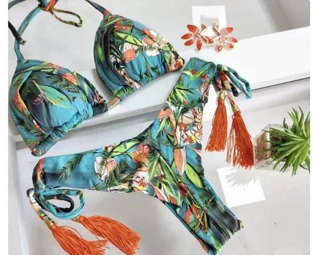 Sexy Floral Print Bikinis Striped Patchwork Swimsuit - Women's Bandage Bikini Set Swimwear Brazilian Beachwear - Stylemein
