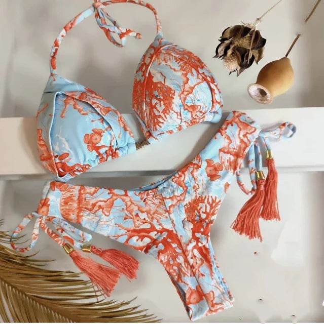 Sexy Floral Print Bikinis Striped Patchwork Swimsuit - Women's Bandage Bikini Set Swimwear Brazilian Beachwear - Stylemein
