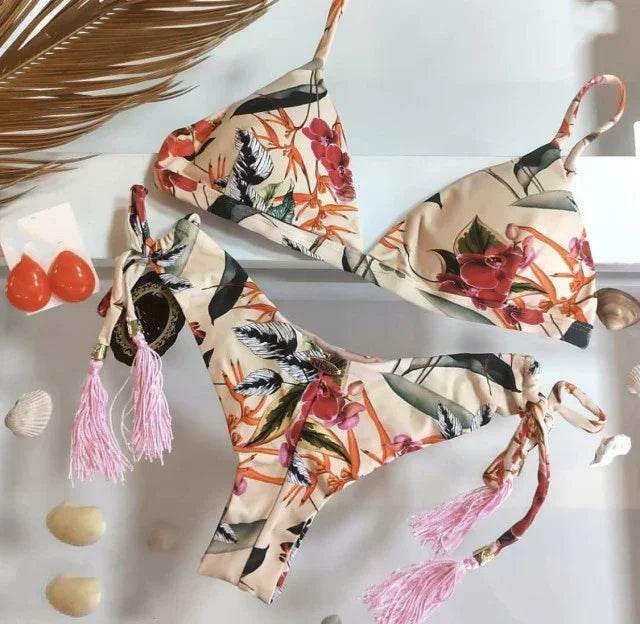Sexy Floral Print Bikinis Striped Patchwork Swimsuit - Women's Bandage Bikini Set Swimwear Brazilian Beachwear - Stylemein