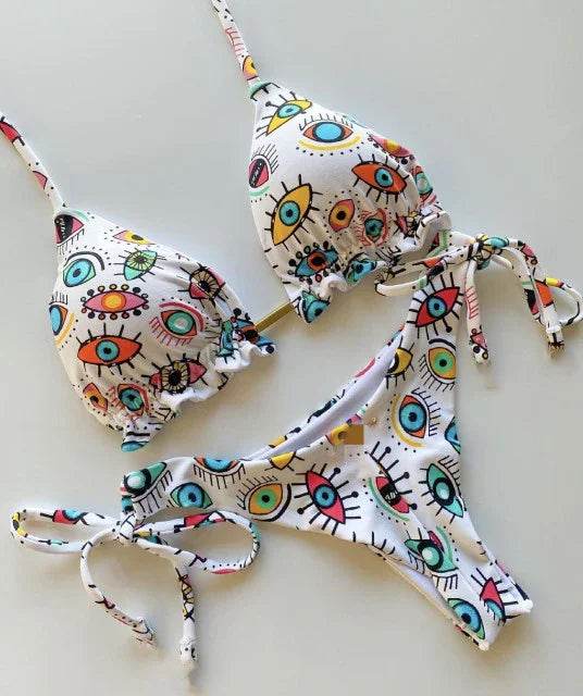 Sexy Floral Print Bikinis Striped Patchwork Swimsuit - Women's Bandage Bikini Set Swimwear Brazilian Beachwear - Stylemein