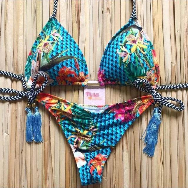 Sexy Floral Print Bikinis Striped Patchwork Swimsuit - Women's Bandage Bikini Set Swimwear Brazilian Beachwear - Stylemein