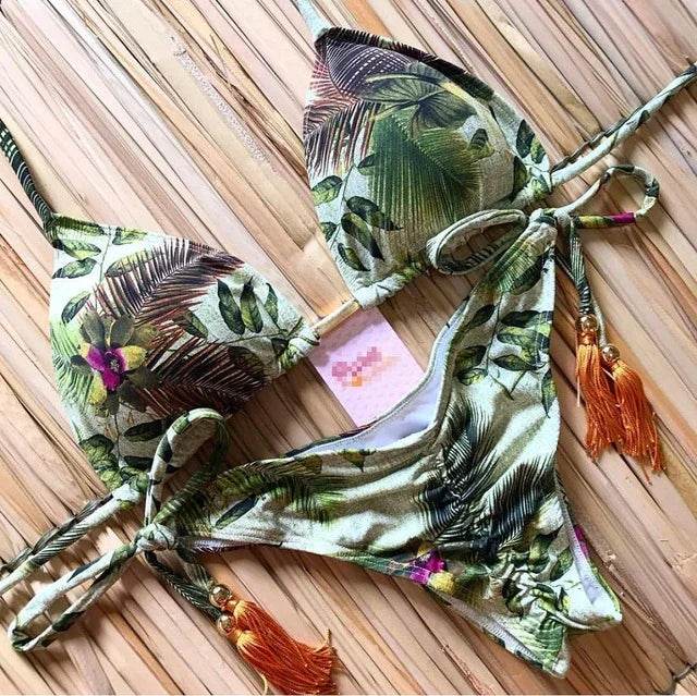 Sexy Floral Print Bikinis Striped Patchwork Swimsuit - Women's Bandage Bikini Set Swimwear Brazilian Beachwear - Stylemein