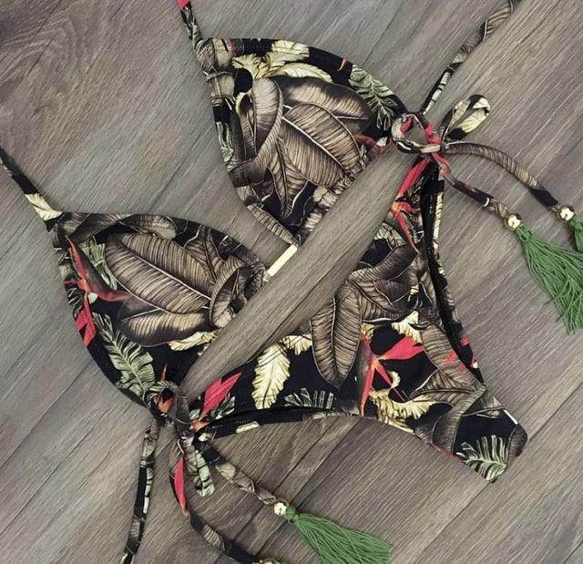 Sexy Floral Print Bikinis Striped Patchwork Swimsuit - Women's Bandage Bikini Set Swimwear Brazilian Beachwear - Stylemein
