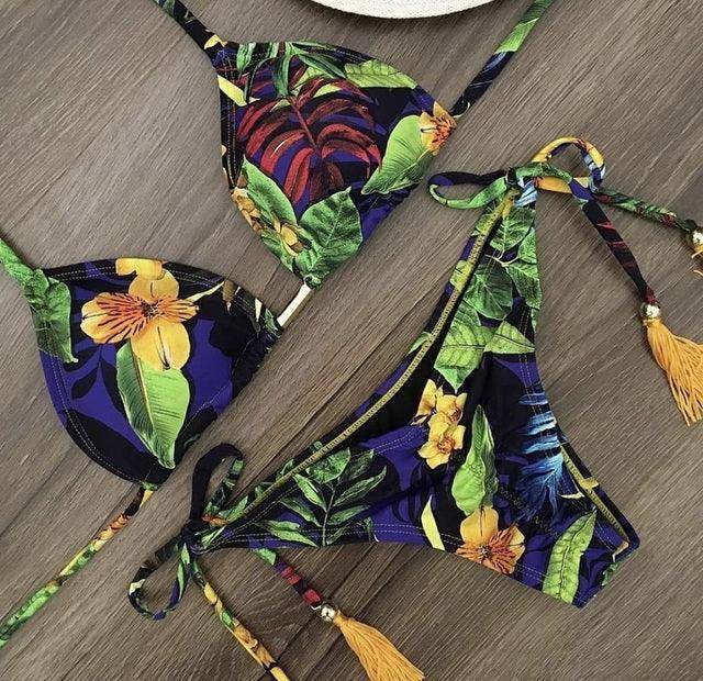 Sexy Floral Print Bikinis Striped Patchwork Swimsuit - Women's Bandage Bikini Set Swimwear Brazilian Beachwear - Stylemein