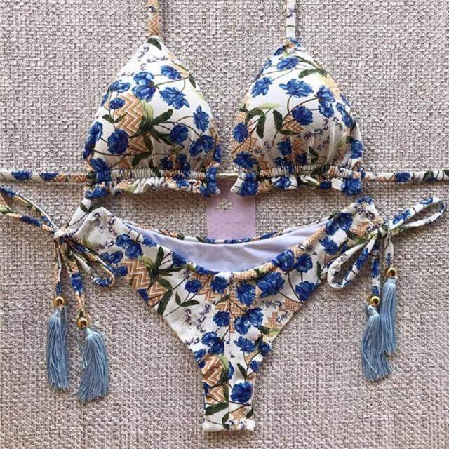 Sexy Floral Print Bikinis Striped Patchwork Swimsuit - Women's Bandage Bikini Set Swimwear Brazilian Beachwear - Stylemein