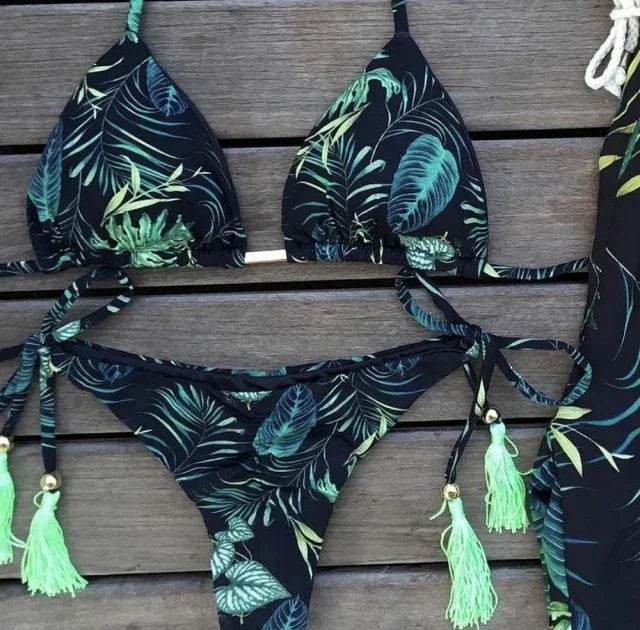 Sexy Floral Print Bikinis Striped Patchwork Swimsuit - Women's Bandage Bikini Set Swimwear Brazilian Beachwear - Stylemein