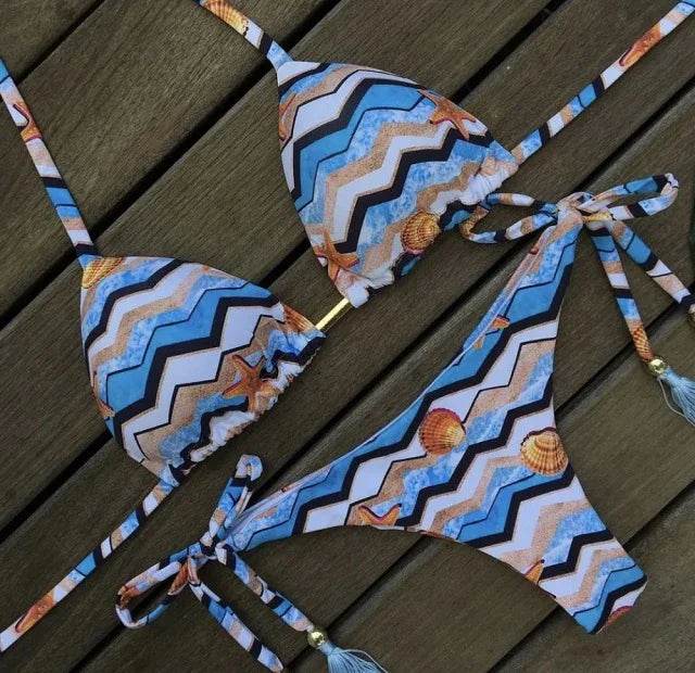 Sexy Floral Print Bikinis Striped Patchwork Swimsuit - Women's Bandage Bikini Set Swimwear Brazilian Beachwear - Stylemein