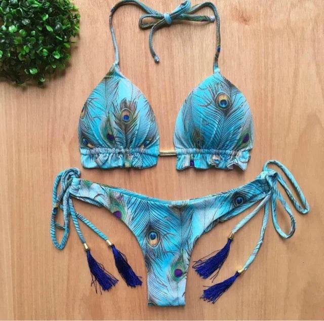 Sexy Floral Print Bikinis Striped Patchwork Swimsuit - Women's Bandage Bikini Set Swimwear Brazilian Beachwear - Stylemein