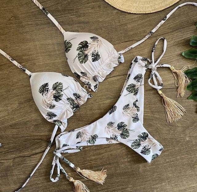 Sexy Floral Print Bikinis Striped Patchwork Swimsuit - Women's Bandage Bikini Set Swimwear Brazilian Beachwear - Stylemein