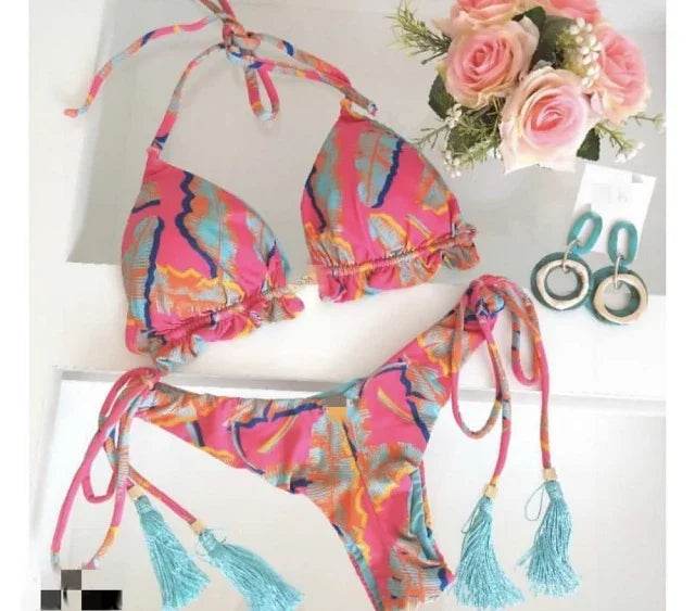 Sexy Floral Print Bikinis Striped Patchwork Swimsuit - Women's Bandage Bikini Set Swimwear Brazilian Beachwear - Stylemein