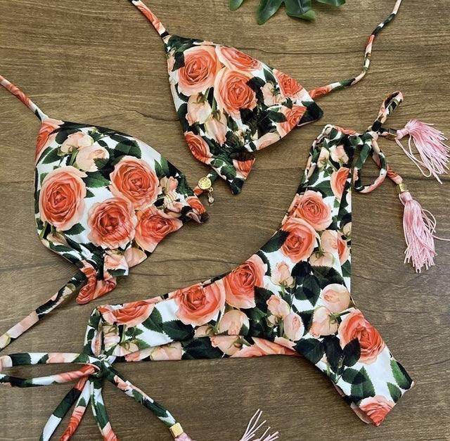 Sexy Floral Print Bikinis Striped Patchwork Swimsuit - Women's Bandage Bikini Set Swimwear Brazilian Beachwear - Stylemein