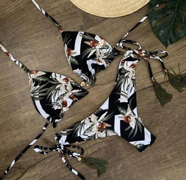 Sexy Floral Print Bikinis Striped Patchwork Swimsuit - Women's Bandage Bikini Set Swimwear Brazilian Beachwear - Stylemein