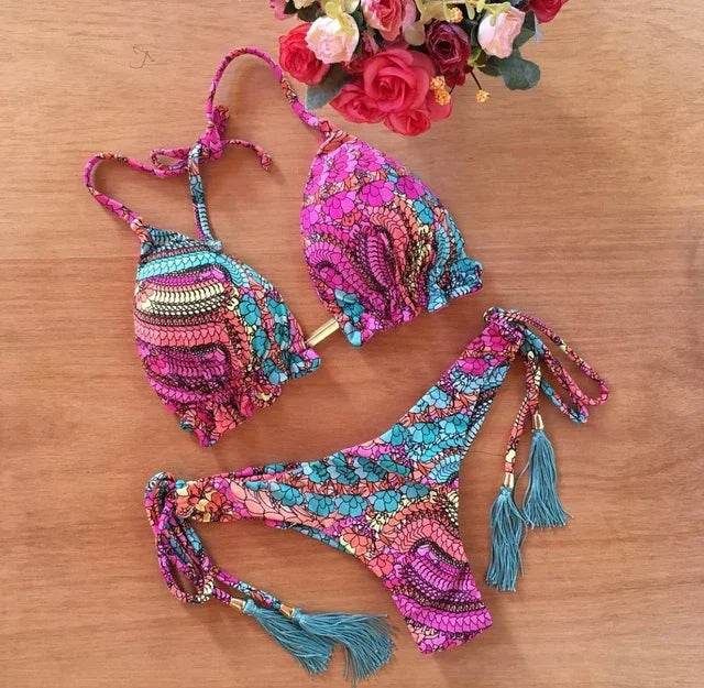 Sexy Floral Print Bikinis Striped Patchwork Swimsuit - Women's Bandage Bikini Set Swimwear Brazilian Beachwear - Stylemein