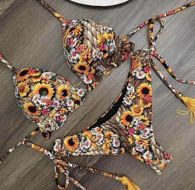 Sexy Floral Print Bikinis Striped Patchwork Swimsuit - Women's Bandage Bikini Set Swimwear Brazilian Beachwear - Stylemein