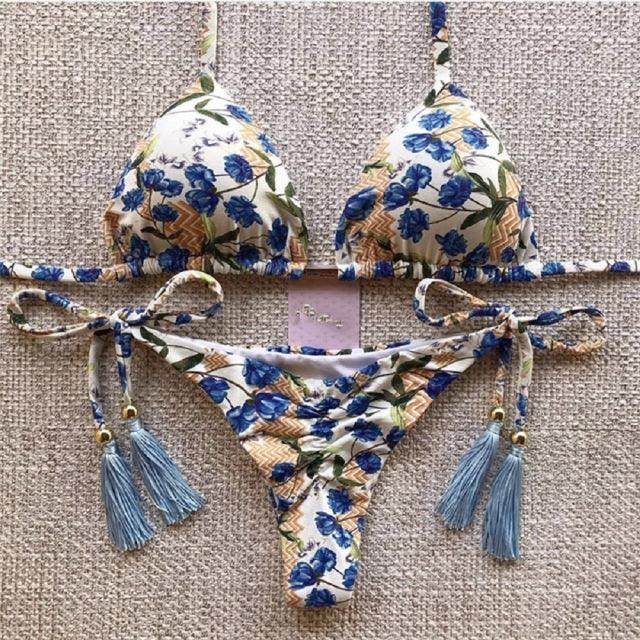 Sexy Floral Print Bikinis Striped Patchwork Swimsuit - Women's Bandage Bikini Set Swimwear Brazilian Beachwear - Stylemein