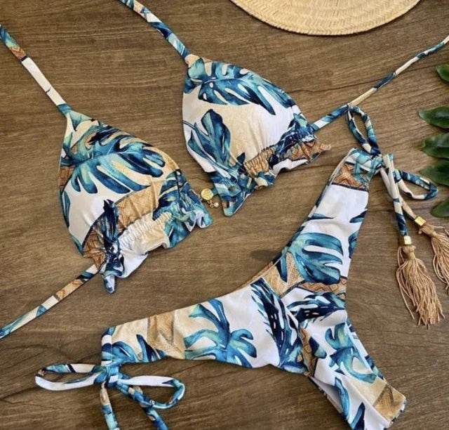 Sexy Floral Print Bikinis Striped Patchwork Swimsuit - Women's Bandage Bikini Set Swimwear Brazilian Beachwear - Stylemein