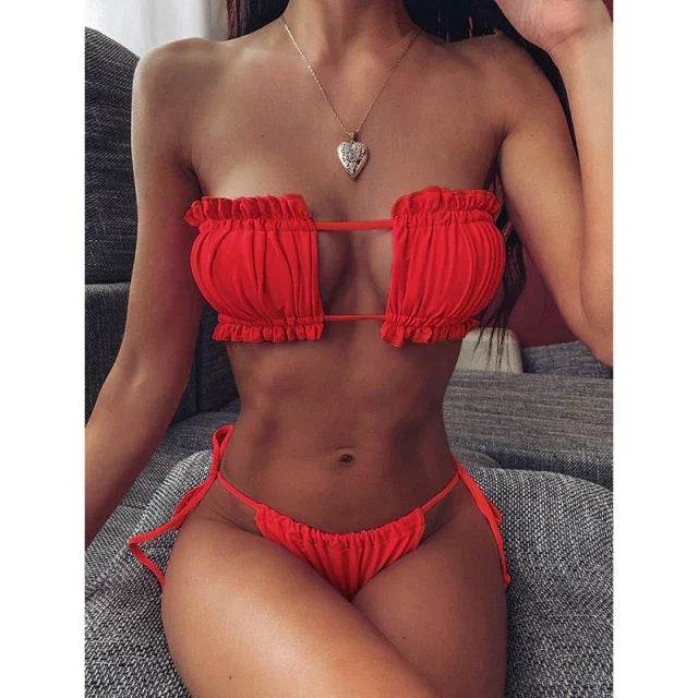 Sexy Solid Pleated Bandeau Low Waist Bikini Set - Stylemein