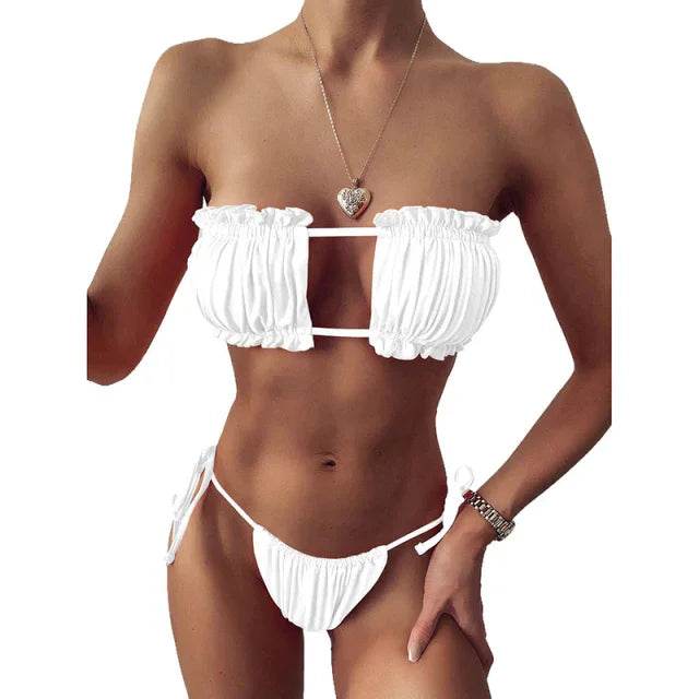 Sexy Solid Pleated Bandeau Low Waist Bikini Set - Stylemein