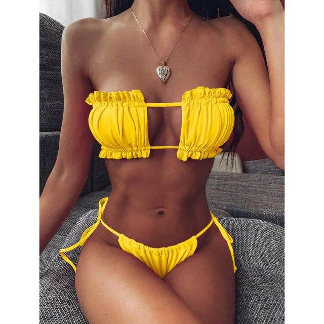Sexy Solid Pleated Bandeau Low Waist Bikini Set - Stylemein