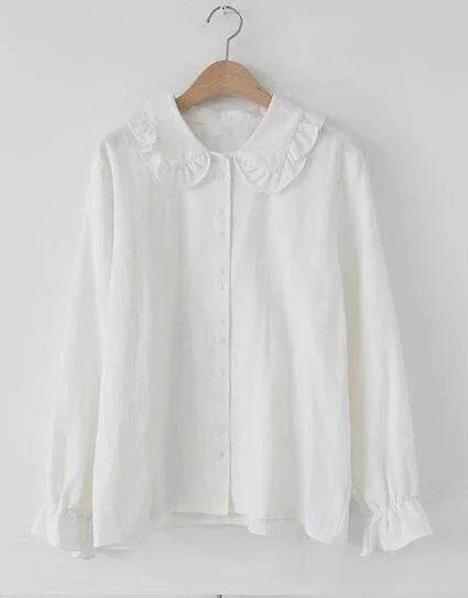 Basic Shirts Blouses Women Fashion Design Korean Preppy Style Flare Sleeve Peter Pan Collar White Button Shirt - Stylemein